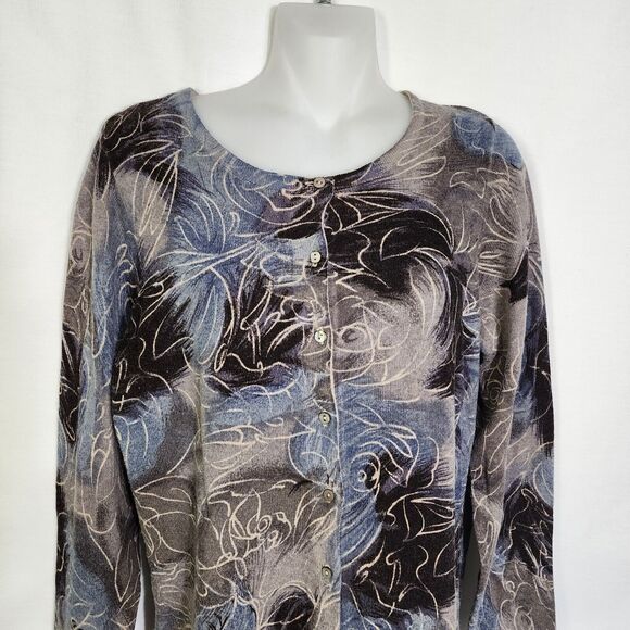 Coldwater Creek Women Cardigan Sweater Medium Button Printed Cashmere Wool Blend - Picture 3 of 8